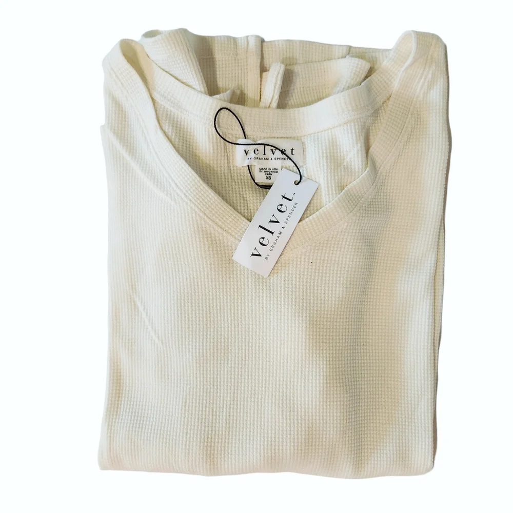 Women's Waffle Knit Long Sleeve V-Neck Loose Fit Shirt - Cream/White - Picture 4 of 7